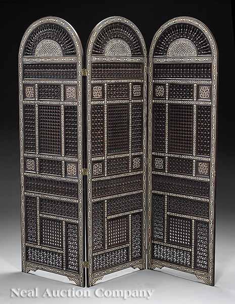 Appraisal: A Carved Hardwood and Inlaid Three-Panel Screen in the Hispano