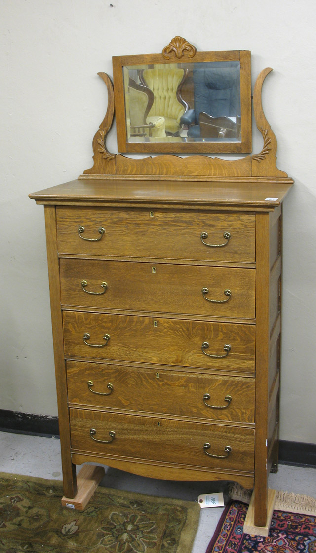 Appraisal: TALL OAK CHEST WITH MIRROR American c with attached oak-framed