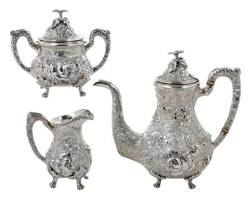 Appraisal: Three Piece Repousse Sterling Tea Service th century pear forms