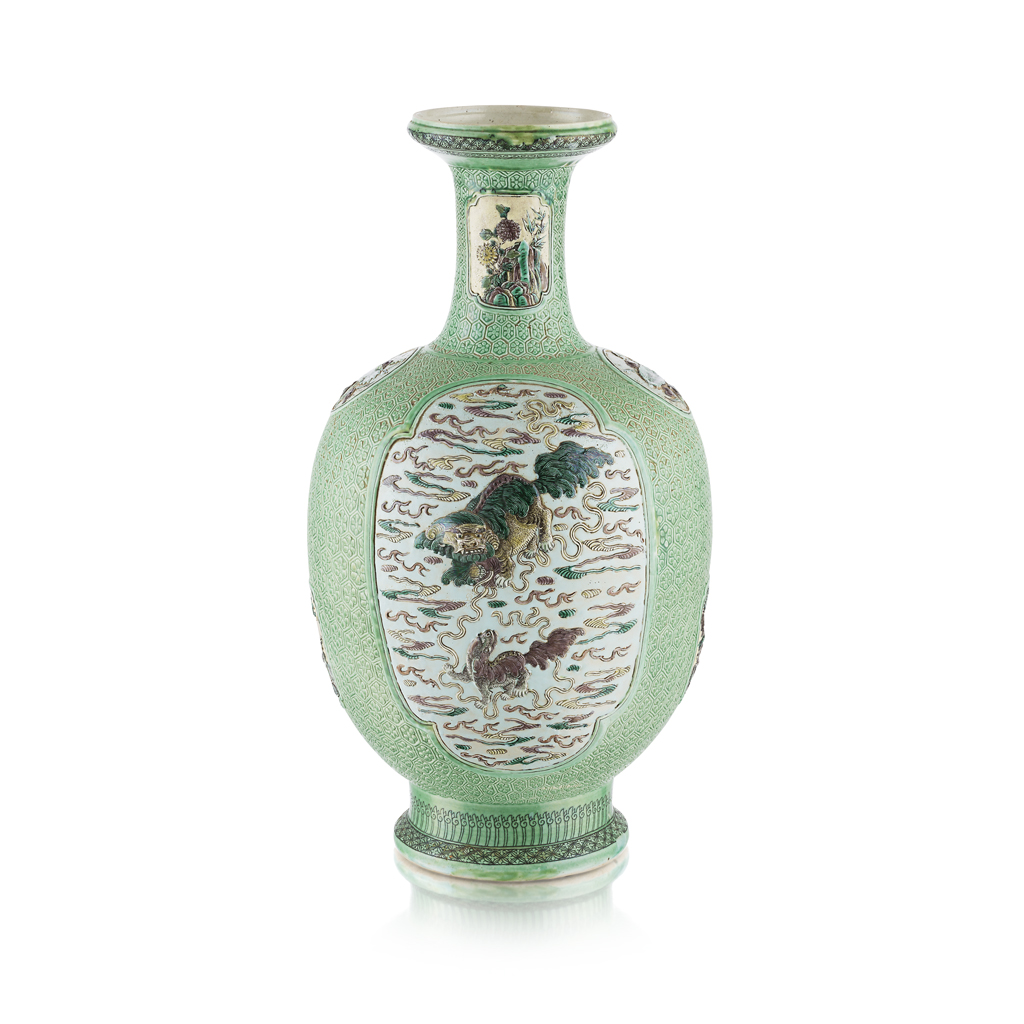 Appraisal: FAMILLE VERTE BISCUIT-GLAZED RELIEF-DECORATED BALUSTER VASE QING DYNASTY TH CENTURY