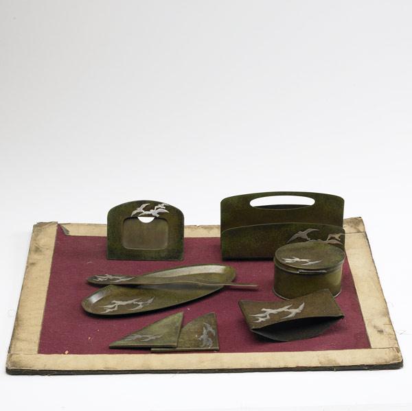 Appraisal: HEINTZ STERLING-ON-BRONZE Desk set in patinated metal with seagull decoration