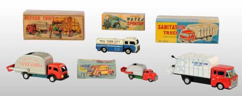 Appraisal: Lot of Tin Sanitation Truck Friction Toys Description Japanese Working