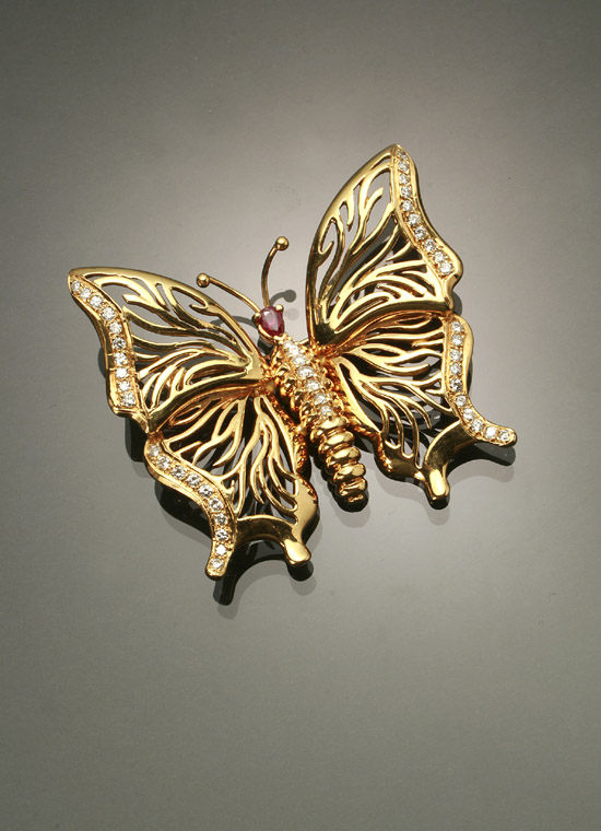 Appraisal: -Karat Yellow-Gold Diamond and Ruby 'Butterfly' Brooch Set with forty-seven