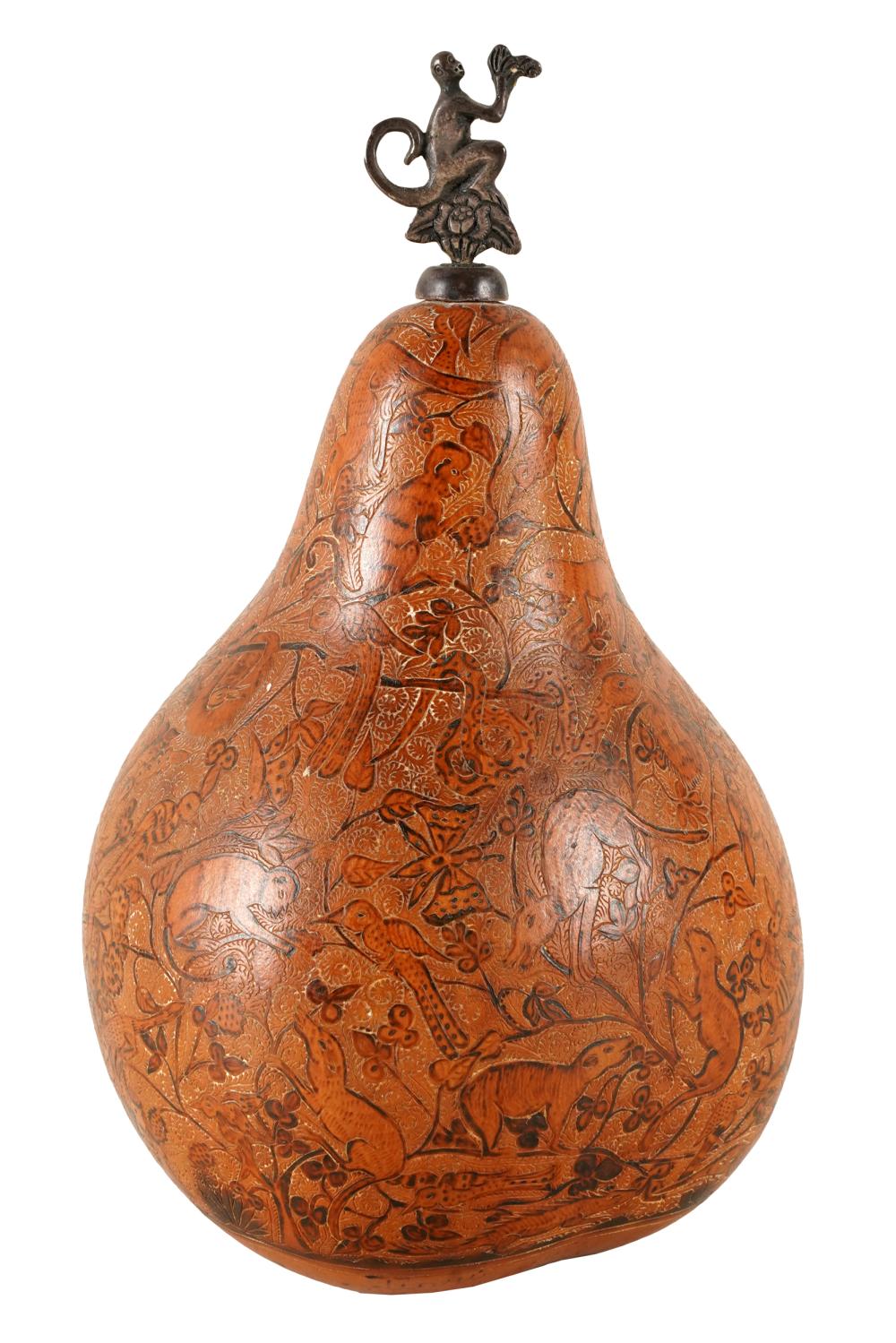 Appraisal: SOUTH AMERICAN ETCHED GOURDwith monkey finial signed to underside Provenance