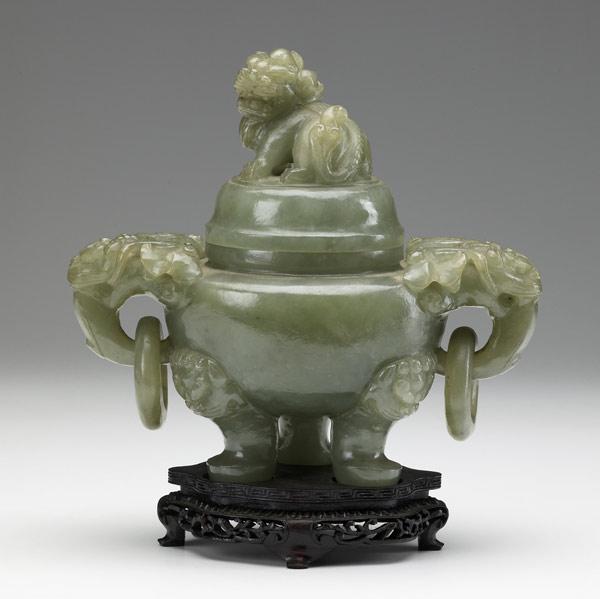 Appraisal: Carved jade censor th C Foo dog finial and ring