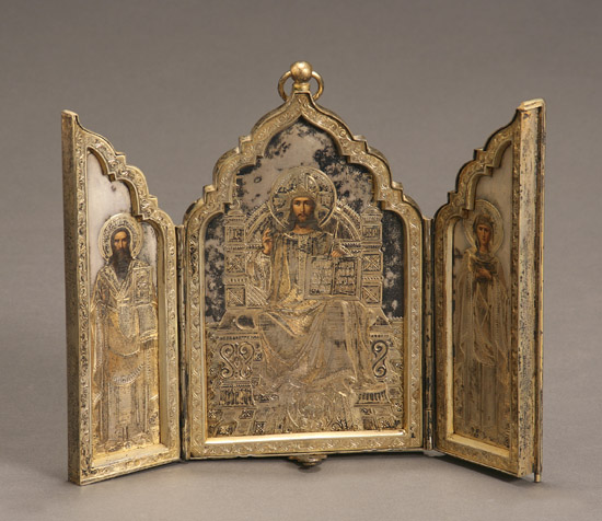 Appraisal: Russian Silver-Mounted Traveling Triptych Icon of Enthroned Christ the Pantocrator