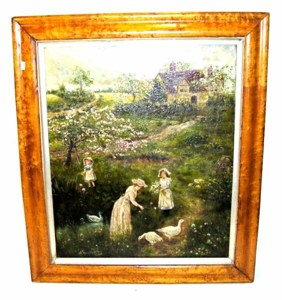 Appraisal: Mother Daughters in Garden by S Woollett Oil on canvas