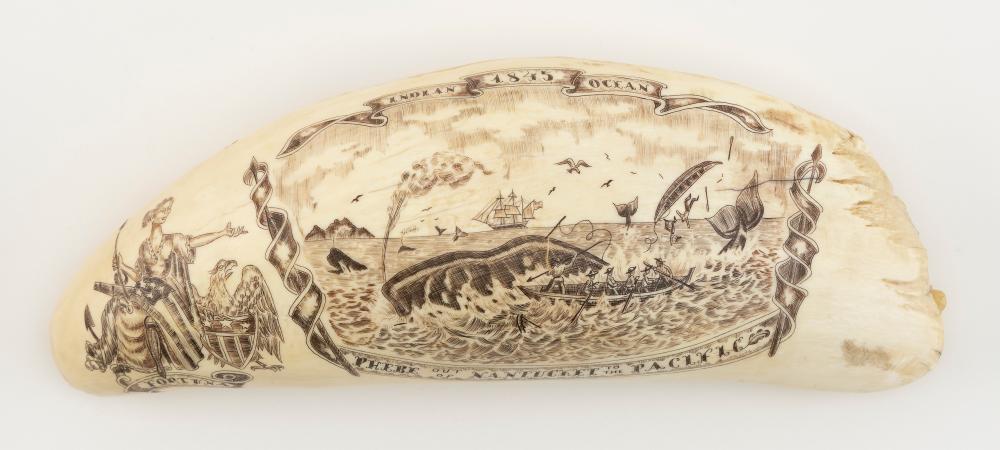 Appraisal: ENGRAVED WHALE'S TOOTH WITH WHALING SCENE TH CENTURY LENGTH ENGRAVED