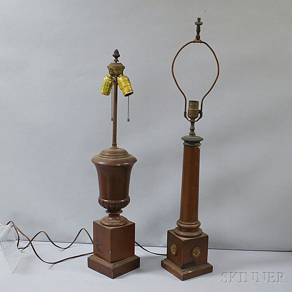 Appraisal: Two Carved Wood Lamps both on square plinth stands one