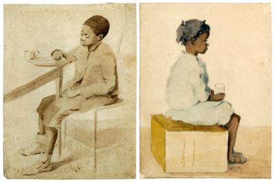 Appraisal: Two African-American watercolors children seated one of a boy at