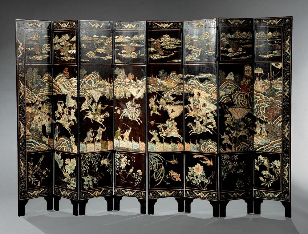 Appraisal: Chinese Carved Lacquer Eight-Panel Floor Screen carved with a central