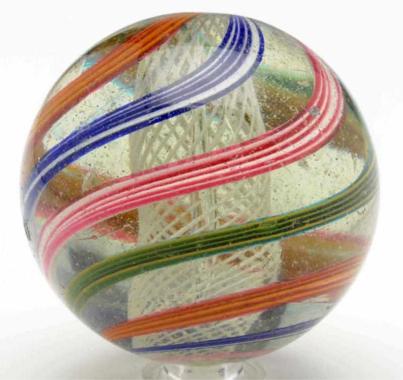 Appraisal: Large White Latticino Swirl Marble Nice spin of outer color