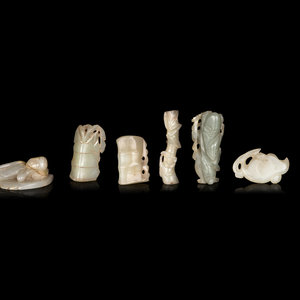 Appraisal: Seven Chinese Celadon Jade Carvings comprising three bamboo form examples