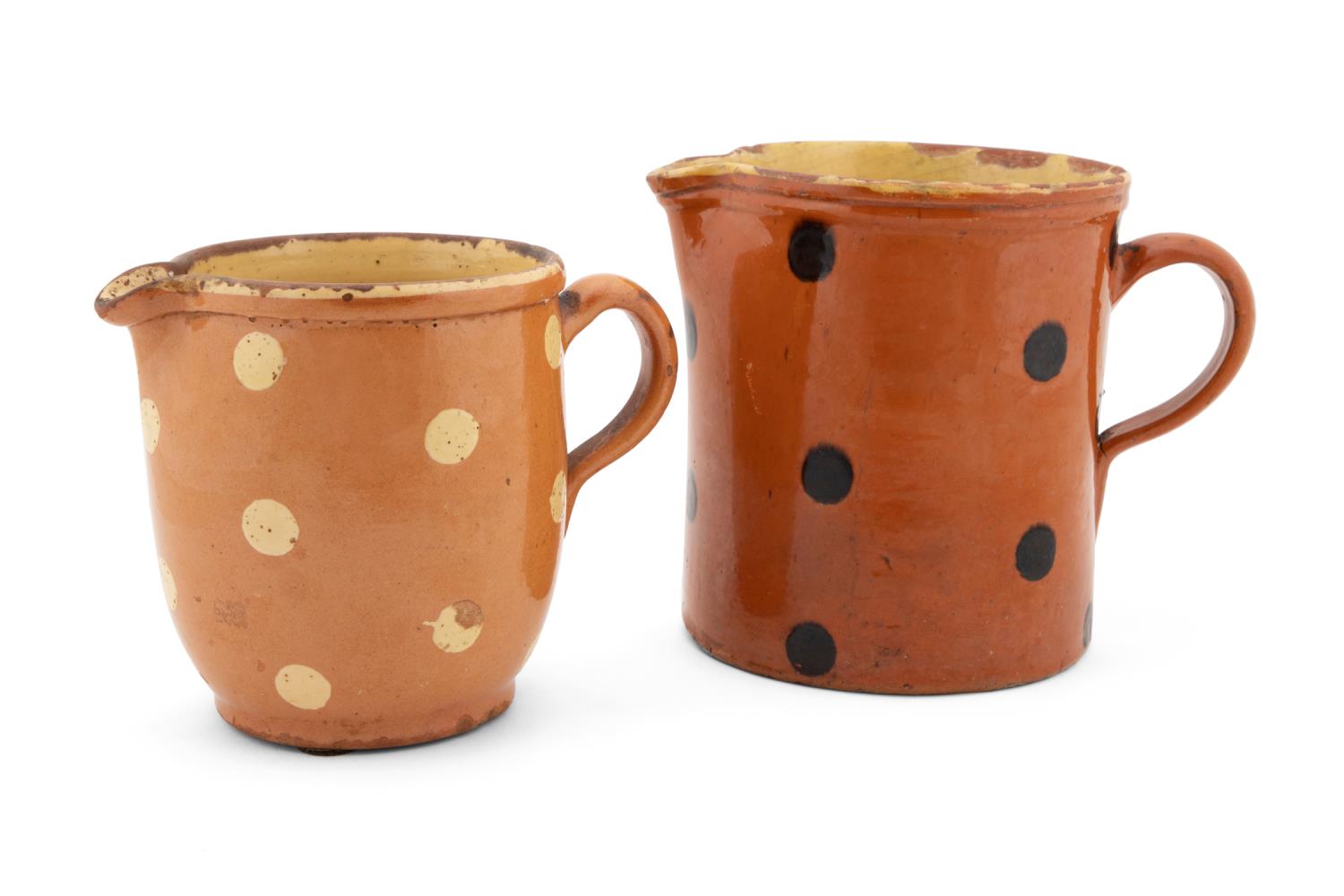 Appraisal: TWO FRENCH JASPE POTTERY POLKA DOT PITCHERS Group of two