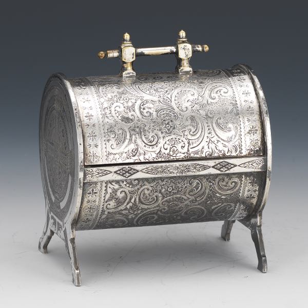 Appraisal: ARTS CRAFTS ANTIQUE SILVER PLATED CASKET x x Cylindrical form