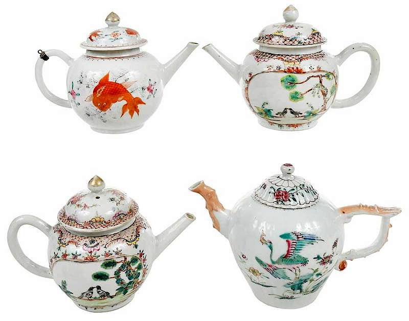 Appraisal: Four Chinese Export Porcelain Teapots th century four famille rose