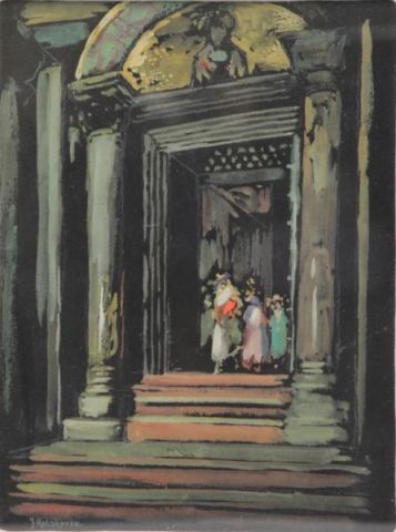 Appraisal: ROLSHOVEN Julius Double Sided Pastel on Paper Entryway with figures