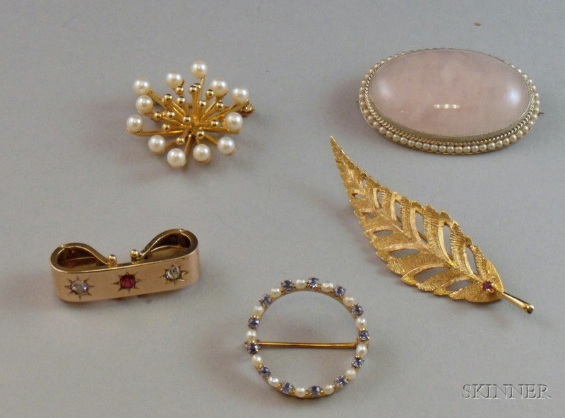 Appraisal: Four Assorted Gold Brooches and a Gold and Gemstone Enhancer