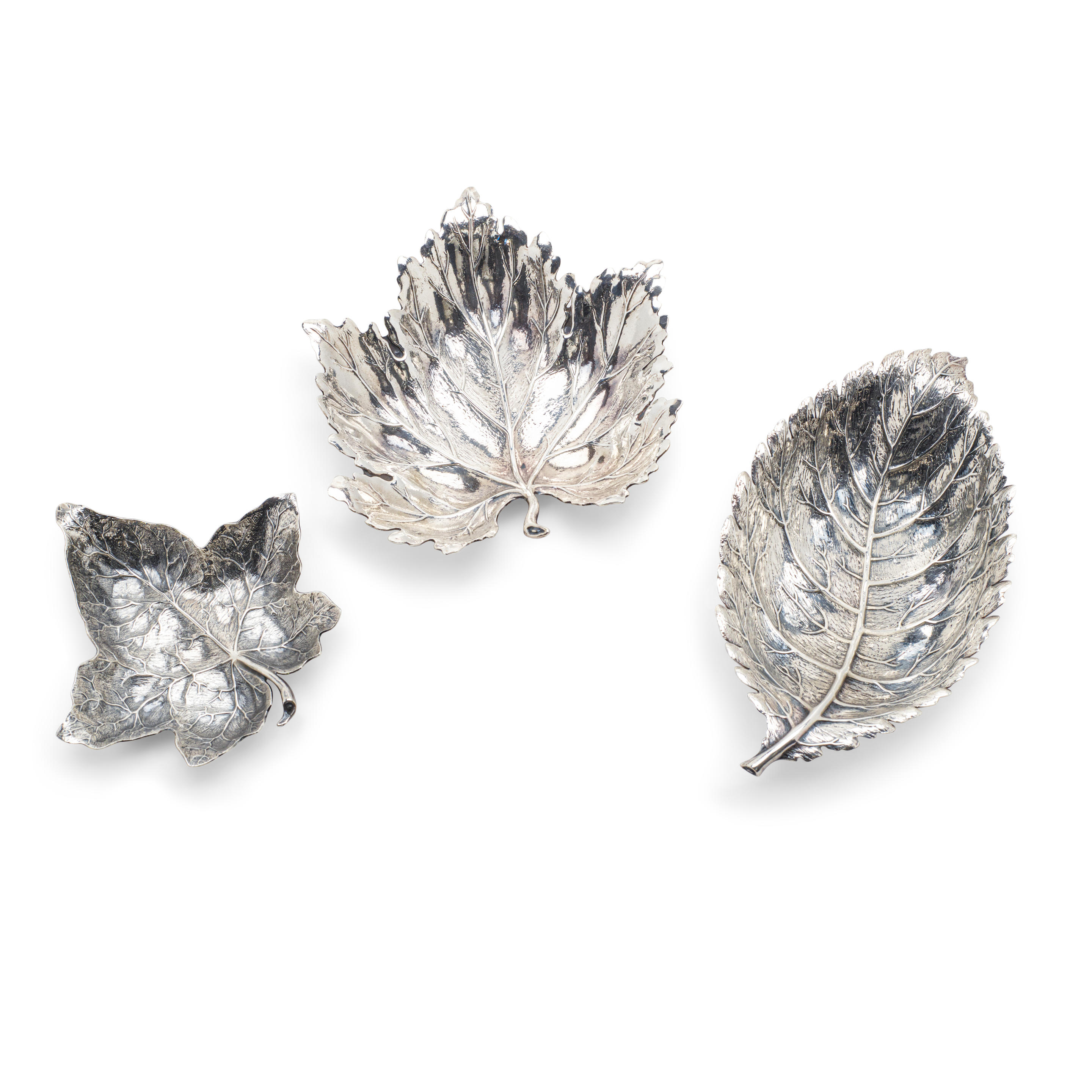 Appraisal: THREE ITALIAN STERLING SILVER LEAF-FORM DISHES MARKED BUCCELLATI ITALY marked