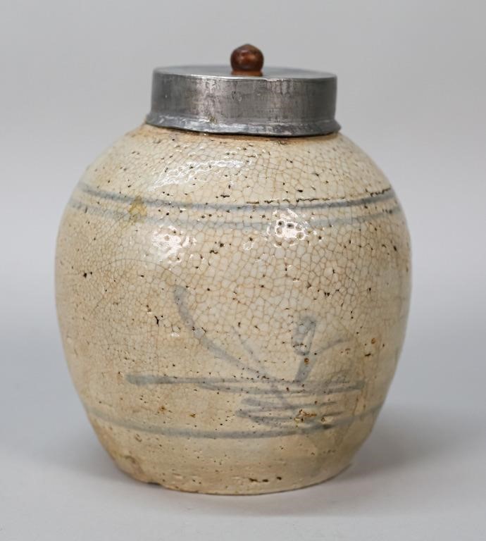 Appraisal: Chinese pottery ginger jar with tin lid cracks and crazing