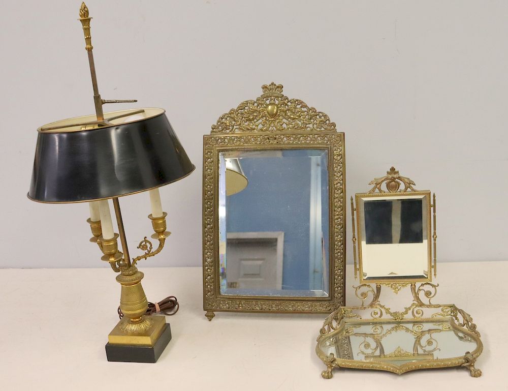 Appraisal: Bronze Builloitte Lamp Brass Mirror and A Gilt Metal Tray