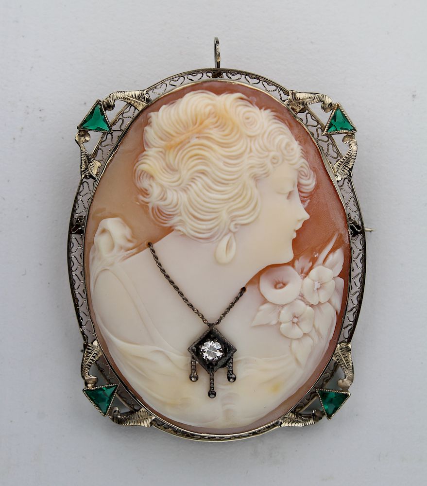 Appraisal: Vintage k WG Cameo Pin w Diamond Vintage Cameo Pin