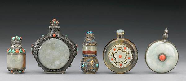 Appraisal: Five jade mounted metal and tortoise shell snuff bottles Including