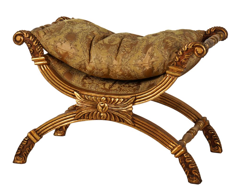 Appraisal: GILTWOOD CURULE STOOLthe seat covered with light brown and gilt