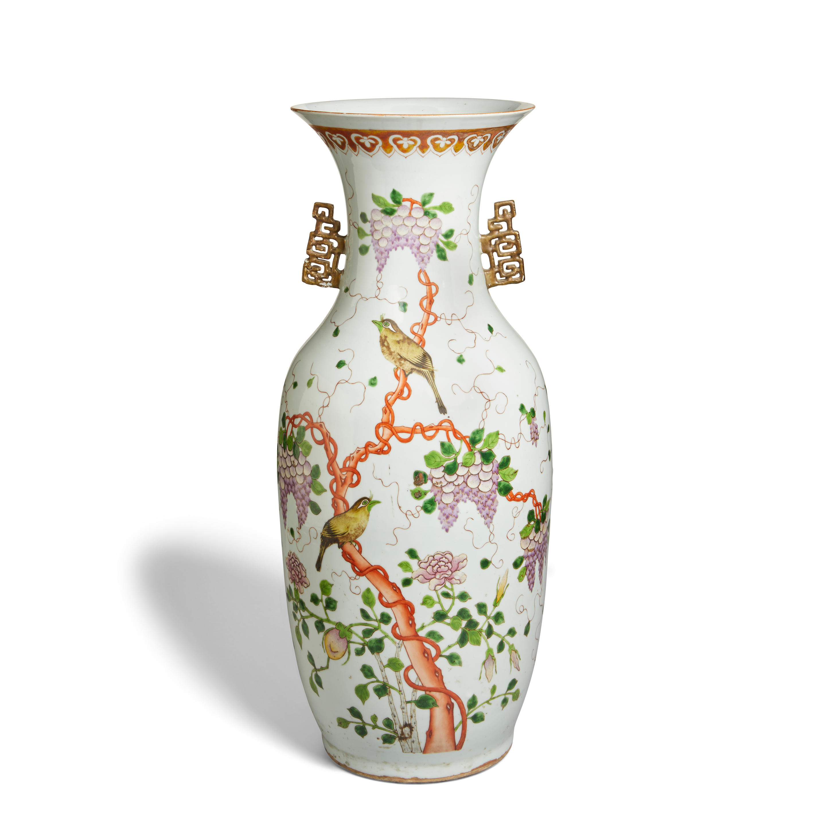 Appraisal: A LARGE FAMILLE-ROSE 'WISTERIA' VASE WITH OPENWORK HANDLES Republic period