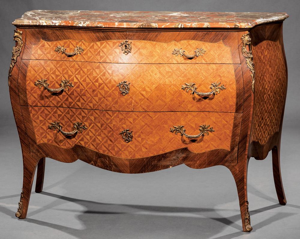 Appraisal: Louis XV-Style Bronze-Mounted Parquetry Bomb Commode shaped variegated marble top