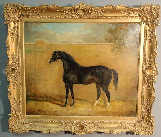 Appraisal: Oil on canvas equine portrait of a black stallion late