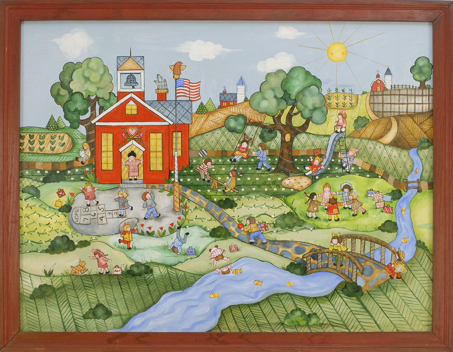 Appraisal: FRAMED PAINTING AMERICAN SCHOOL th Century Whimsical schoolyard scene depicting