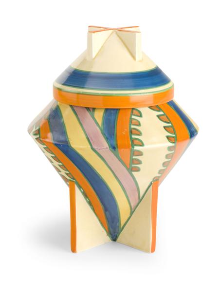 Appraisal: CLARICE CLIFF 'SHARKS TEETH'' CONICAL BISCUIT BARREL CIRCA shape decorated