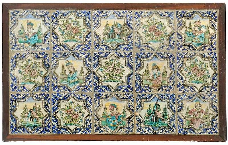 Appraisal: Persian Qajar Hand Painted Tile Set Qajar dynasty framed set