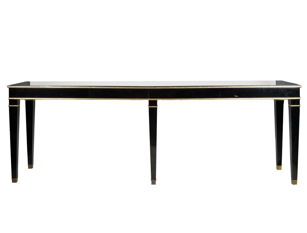 Appraisal: BLACK-LACQUERED GILT CONSOLE TABLEmodern unsigned on six squared tapered legs