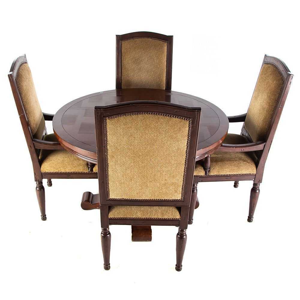 Appraisal: Distressed Wood Tavern Games Table with Chairs Comprising four upholstered