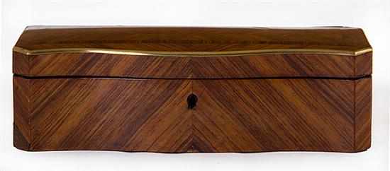 Appraisal: French brass-bound parquetry lock box late th century serpentine hinged