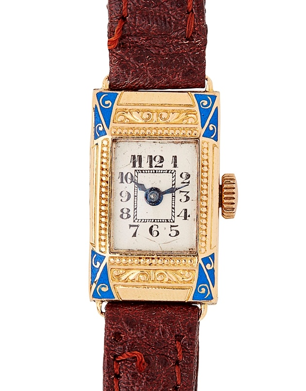 Appraisal: An Art Deco gold and enamel lady's wrist watch Swiss