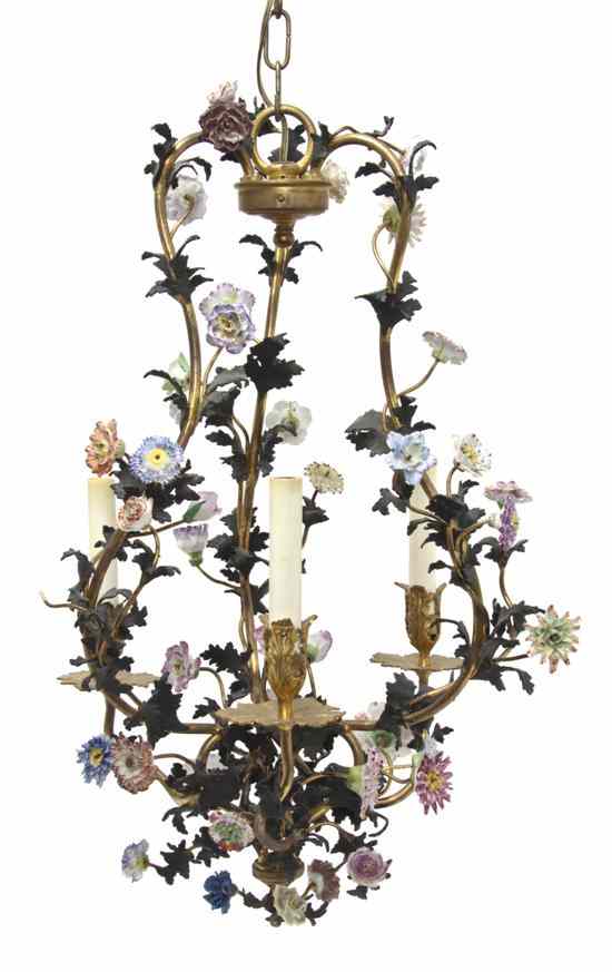 Appraisal: A French Porcelain Mounted Three-Light Chandelier of cage form the