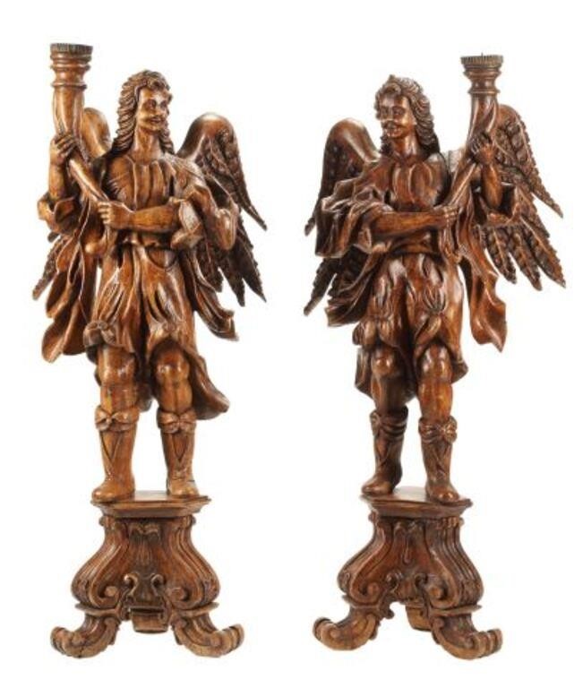 Appraisal: pair Monumental carved wood figural angel torchieres approx h w