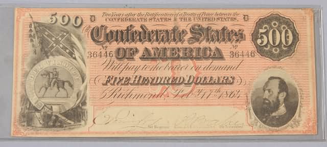 Appraisal: Five hundred dollar Confederate note February issue Friedberg CS- Uncirculated