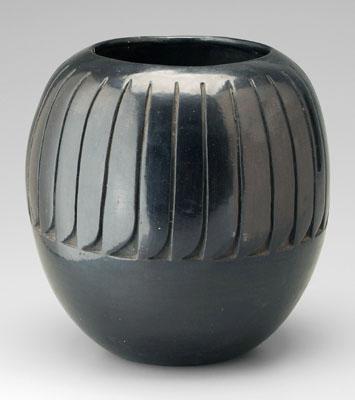 Appraisal: San Ildefanso blackware vase broad band of incised feather decoration