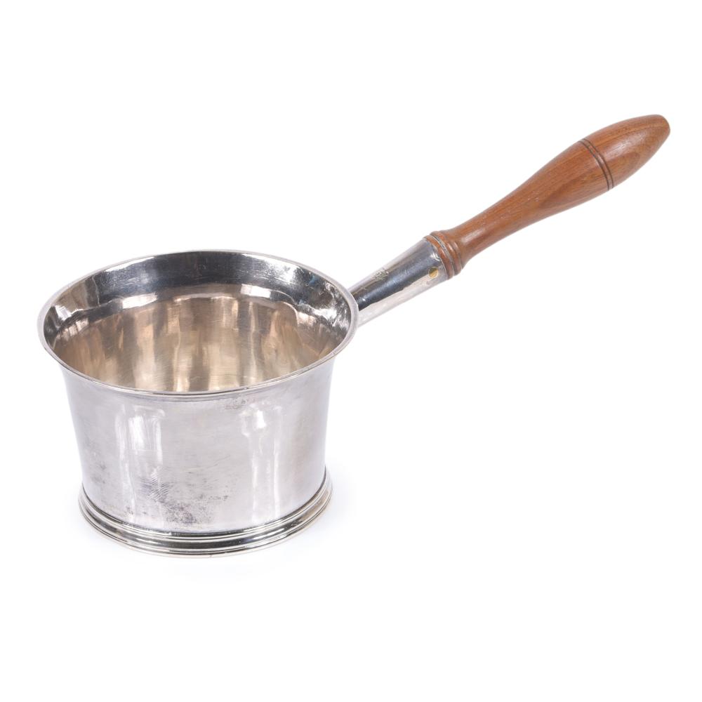 Appraisal: GEORGE I BRITANNIA STERLING SILVER SAUCE BRANDY PAN WITH WOODEN