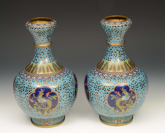 Appraisal: A PAIR OF CHINESE TURQUOISE GROUND CLOISONNE VASES of baluster