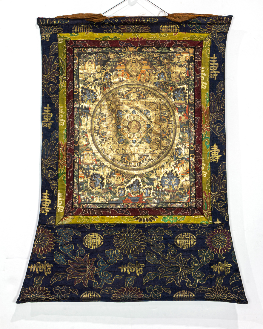 Appraisal: TIBETAN THANGKA MANDALA Tibetan thangka mounted in silk brocade h