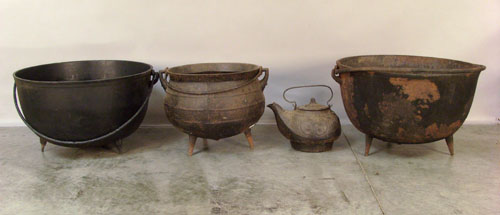 Appraisal: Three iron cauldrons together with a kettle