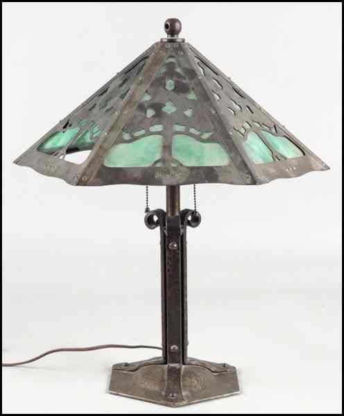 Appraisal: ARTS AND CRAFTS HAMMERED COPPER AND SLAG GLASS LAMP H