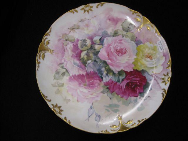 Appraisal: Limoges Handpainted Porcelain Charger multi-color roses artist signed M Dennis