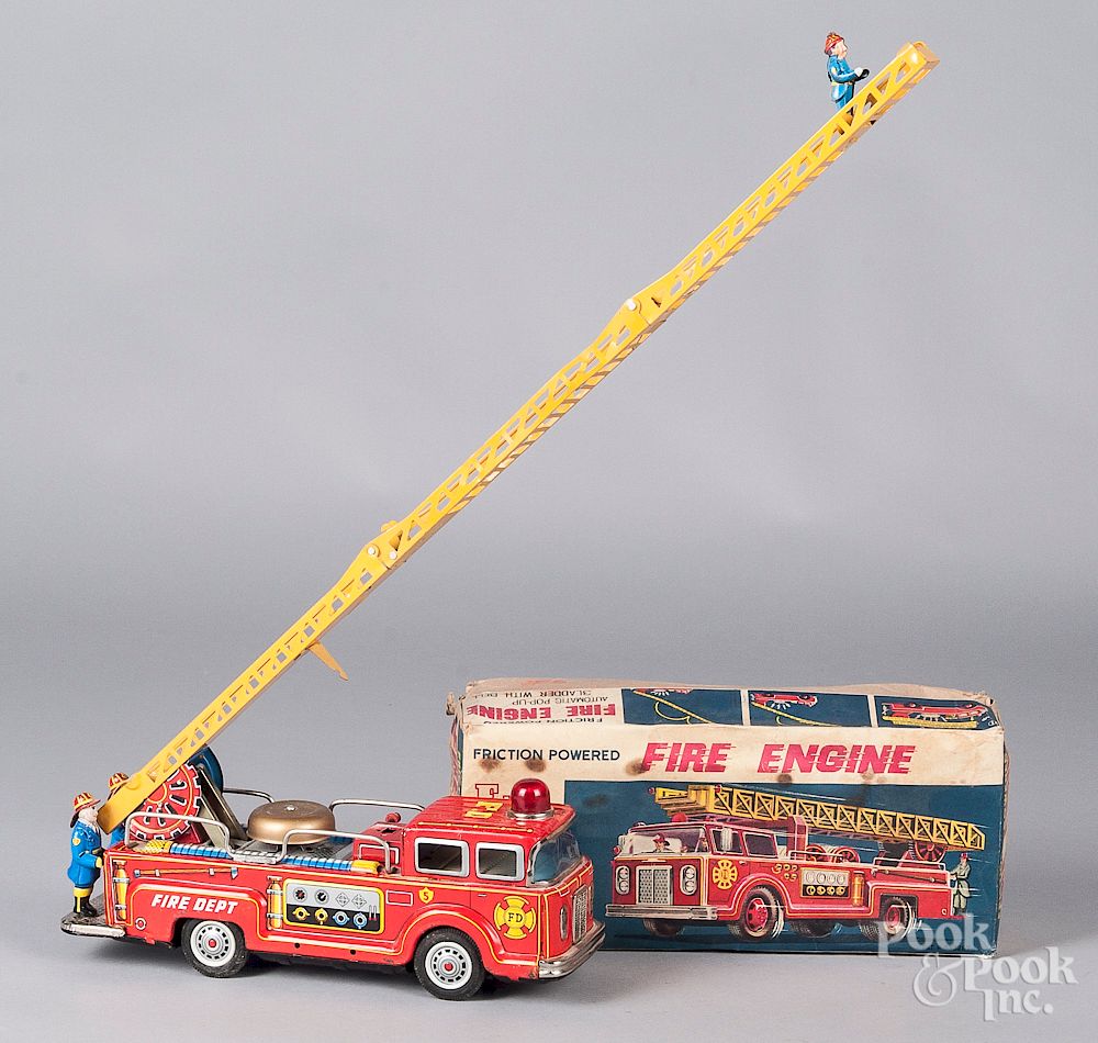 Appraisal: Japanese tin litho friction fire engine truck Japanese tin litho