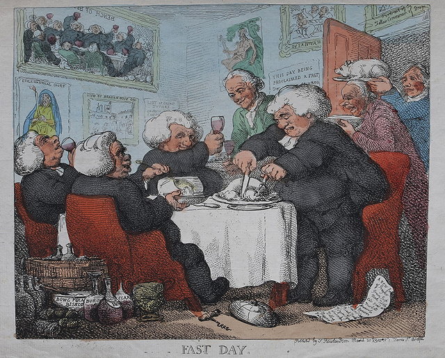 Appraisal: THOMAS ROWLANDSON'Fast Day' etching hand-coloured x cm im and five